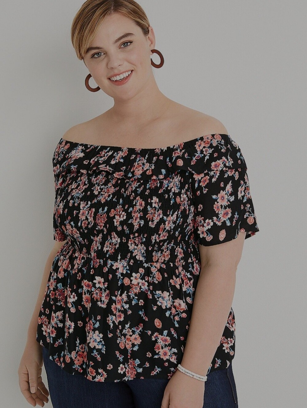Maurices Floral Off-Shoulder Top Women Size XL Smocked Peplum Blouse White Black - Picture 3 of 13